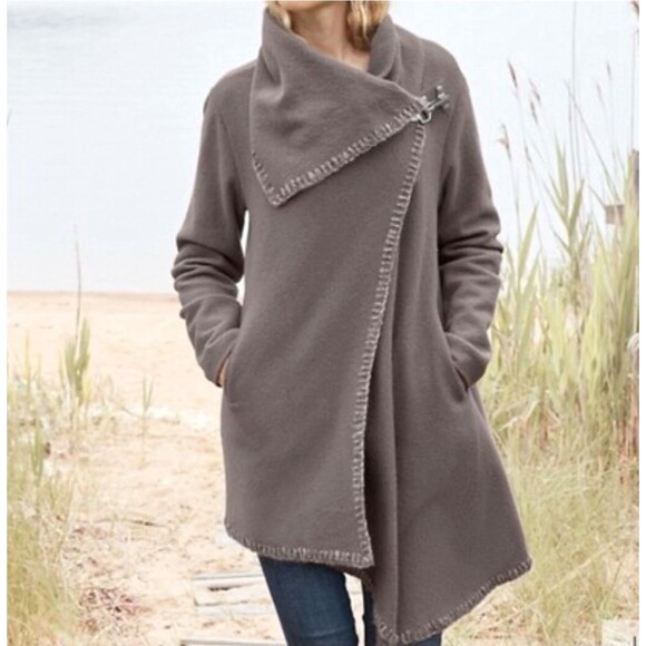 Garnet Hill Asymmetrical Boiled Wool Coat Size 18 XL Metal Clasp Taupe Boho FLAW - Picture 3 of 14